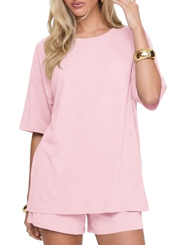 Image of Darong Women's 2 Piece Shorts Set Loungewear | oversized tshirts,crew neck top,drawstring shorts,elastic waist, side pockets,summer travel outfits