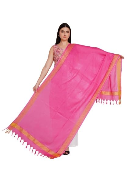 a r silk Women's Dupatta Cotton Pink Free Size Solid Zari Work Powerloom Hand Wash Only-picture-15