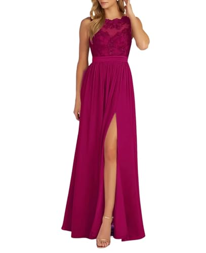 Damen Spitzen Chiffon Ballkleid Lang Neckholder Brautjungfernkleider A-Linie Formelle Abendkleid mit Schlitz