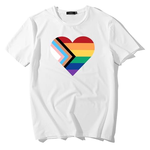 Image of Cutesong Mens Gay Pride Flag Shirts LGBTQ Ally Progress Tee Top Rainbow Heart Stripes Short Sleeve White