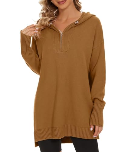 Image of Women's Hooded Sweater Loose Half Zip Drawstring Pullover Sweatshirt Top Casual Long Sleeve Side Slit Knit Hoodie