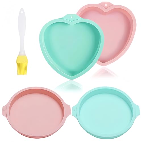 Stampi per torte a forma di cuore, in silicone, 4 pezzi, rotondi, piccoli 6 pollici, a forma di cuore, in silicone e 1 pennello da forno, per torte di formaggio, budino, compleanno, Natale, San
