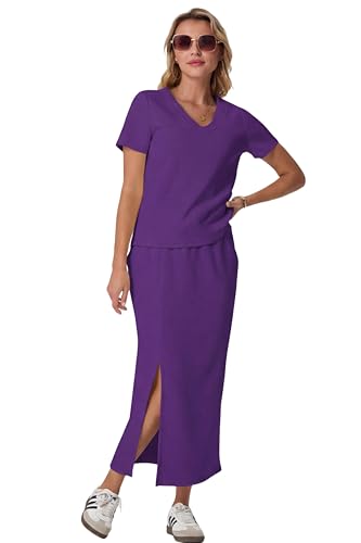 Image of GRECERELLE Women Summer Casual 2 Piece Sets V-Neck Wrinkle-Free Top & Elastic Waist Midi Side Slit Skirt with Pockets