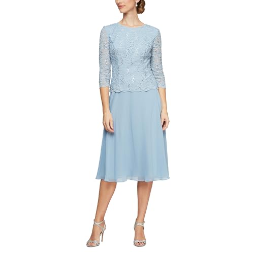 Image of Alex Evenings Women's Tea Length Embroidered Bodice Mother of The Bride Gown, Wedding Guest Dress