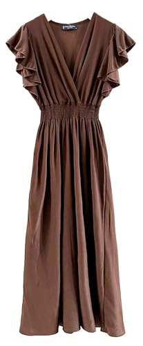 Image of Plum Feathers Casual Smocked Dress, Exotic Print Maxi /Midi Dress, V Neck, Plus & Regular Sizes, Maternity /Nursing Dresses