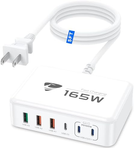 165W USB C Charger Block, 6 Port Multi USB-C Charging Station,100W PD Fast USBC Gan Charger Station Hub Dock for Multiple Devices, Laptop Type C Charge for MacBook/iPhone 16/iPad/Galaxy S25(5FT Cord)