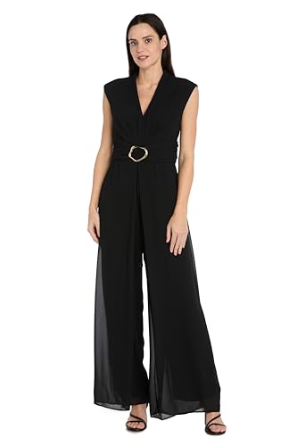 Image of R&M Richards Women's Sleeveless Jumpsuit with Sculpted Buckle Detail & Flowing Overlay for Formal Occasions, Wedding Guest
