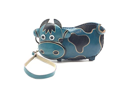 Handmade Vintage Genuine Leather 3D Animal Cow Money Coin Purse with wrist strap; Removable strap (Blue)