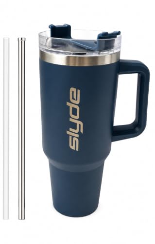 Image of Slyde 1200ml Stainless Steel Insulated Tumbler with Handle | Double Wall Vacuum Travel Mug | Leakproof Lid | Includes 2 Straws (1 Stainless Steel & 1 Plastic) Navy Blue