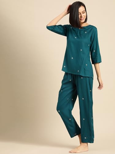 Image of Ichaa Women's Rayon Night Suit Printed Top & Bottom Set