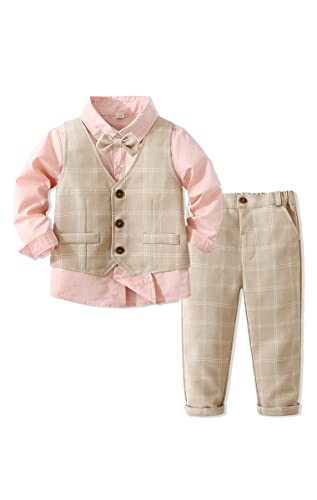 Baby Boys' 4 Piece Elegant Gentleman Set with Pink Shirt,Bowtie,Plaid Vest and Plaid Pant