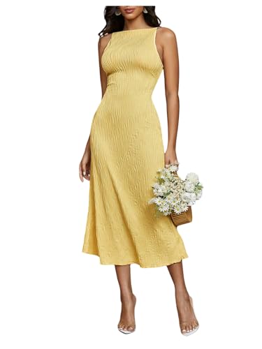 Floerns Women's Elegant Sleeveless Ribbed Knit Mock Neck Bodycon Slit Midi Cami Dress Yellow Small