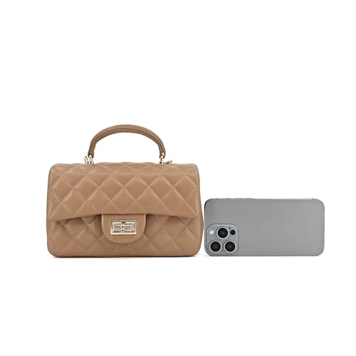 Image of M-ioi-M Small Quilted Crossbody Bag for Women, Genuine Leather Mini Shoulder Flap Purse with Gold Chain Strap & Top Handle