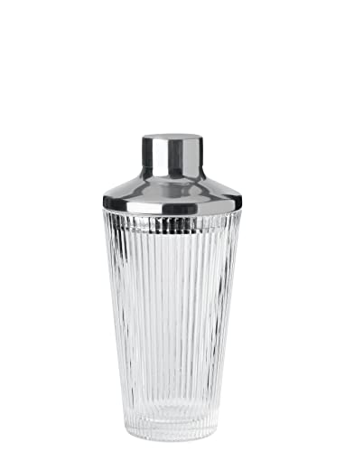 Stelton Pilastro Cocktail Shaker – 400 ml, geriffeltes Glas, Edelstahl, integrierter Messbecher & Sieb, spülmaschinengeeignet, Art-Déco-Design