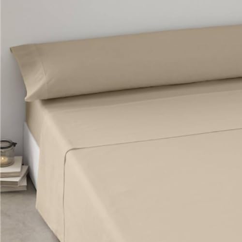 TIENDA EURASIA - Juego Sábana, 3 Piezas Encimera, Bajera y Funda de Almohada, 100% Poliéster, Tejido Suave y Liso, Todas Las Camas y Estaciones (Beige 90cm)