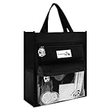 [ZHENGTU] トートバッグ a4対応 縦長 塾用バッグ 塾用カバン ペンケース ペンポーチ付き サイドポケット メッシュポケット ペン入れ 透明フロントポケット 文房具収納 大容量 補習袋 手提げ 収納バッグ 書類袋 小物入れ シンプル (黒8008, 28*10*32.5cm)