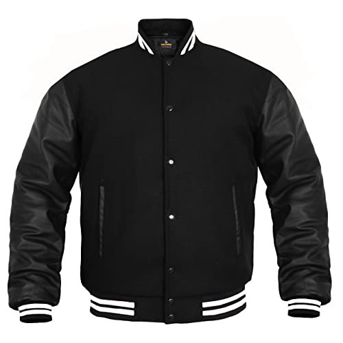 Image of Deckra Men's Varsity Jacket Genuine Leather Sleeve and Wool Blend Letterman Boys College Varsity Jackets XS-5XL