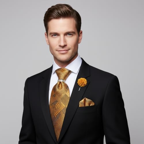 Image of 5PCS Tie and Pocket Square for Men, Silk Necktie and Handkerchief Cufflinks with Gold Ring and Lapel Pin Set