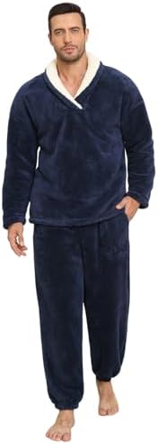 TOMEEK Schlafanzug Herren Lang Winter Schlafanzug Warm Pyjamahose | 2-Teiliges Fleece Pyjama Set Kuscheliger Loungewear Geschenk für Männer