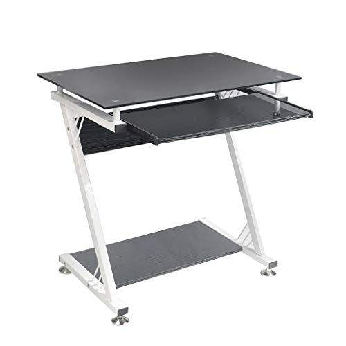 Pinkpaopao Modern Glass Computer Desk Laptop Table Metal Z-Frame Corner Workstation with Keyboard