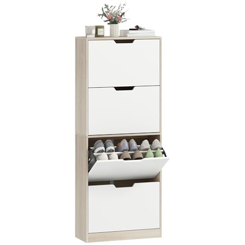 HOMCOM Armario zapatero con 4 puertas plegables para ahorrar espacio, zapatero de entrada con estantes ajustables, para 16 pares con asa empotrada, 62,5x26x156 cm, madera y blanco