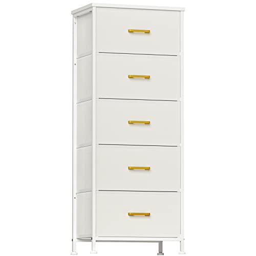 Image of YILQQPER Dresser for Bedroom with 5 Drawers, Tall Storage Tower for Closet, Living Room, Nursery, White Dresser with Sturdy Steel Frame, Fabric Bins, Leather Finish, Wood Top (Glacier White)