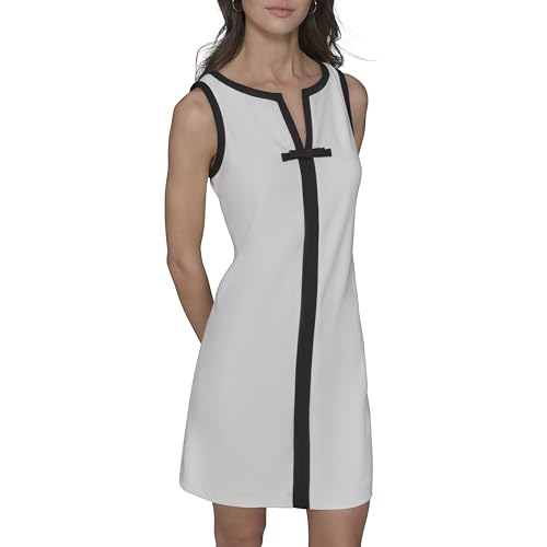 Image of Karl Lagerfeld Women's Sleeveless Split Neck Contrast Trim A-line Mini Dress with Bow Detail