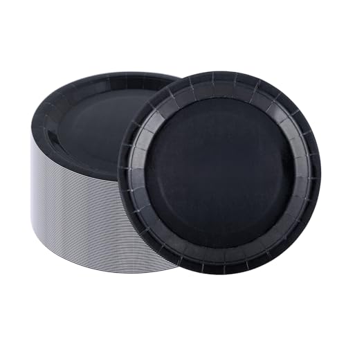 CEILIWEN Lot de 100 assiettes rondes en carton noir de 23 cm pour fêtes, anniversaires, remise de diplôme, retraite, Halloween, pour restauration et...