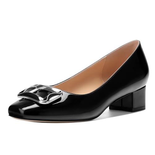 Womens Low Chunky Block Heels, Square Toe Patent Closed Toe Pumps Dress Party Wedding Shoes 1.5 Inch