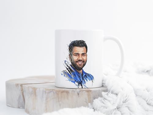 Image of Cricket Theme Ceramic Coffee Mug, MS Dhoni and Virat Kohli Fan Art Print (Sports Lover) (5-Rohit Sharma, Large)
