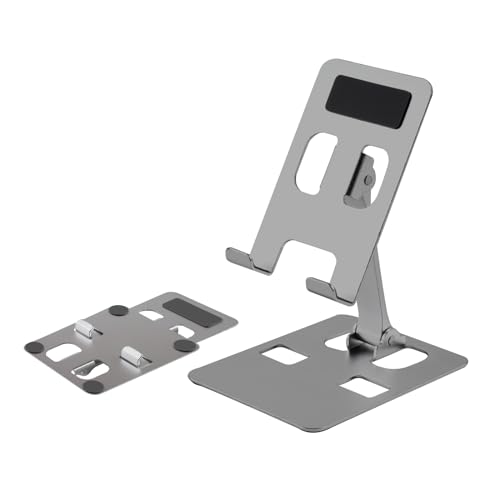 Image of Cell Phone Stand, Foldable Aluminum Adjustable Phone Holder for Desk Portable Travel Holder Office Desk Accessories Compatible for iPhone 14 Pro Max X Xr Samsung,iPad Mini, Tablets Up to 8 inch Grey