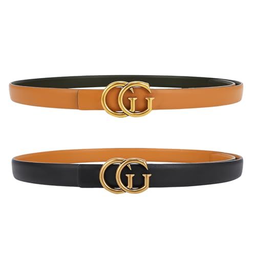 Women Reversible Leather Belt with Fashion G Gold Buckle for Dresses, Jeans, and Coats,width 0.9