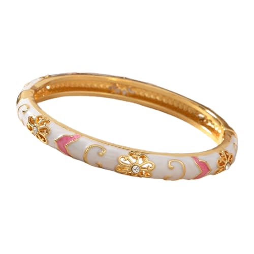 Cloisonne Bracelet For Women, Chunky Bangle Trendy Cute Flower Enamel Bangles Multi Tone Engraved Cuff Gold Plated Bracelets Stackable Wife Jewelry Friendship Gift (Flower Diamond White, One Size)