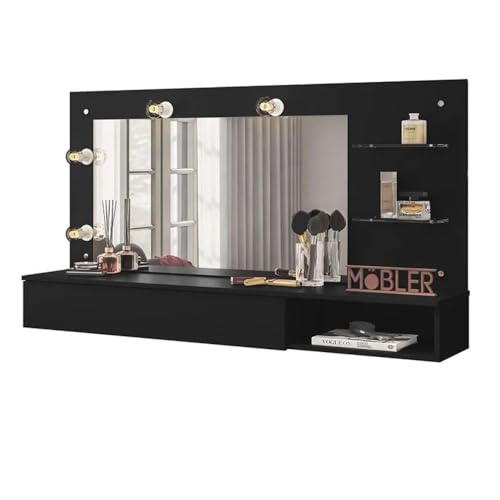 Penteadeira Camarim Suspensa com Espelho, Iluminação LED, Prateleiras, Branca (Preto)