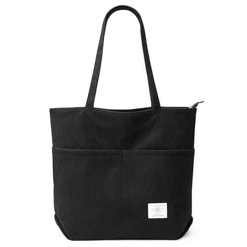 KALIDI - Grande borsa tote da donna in velluto a coste borse a tracolla per scuola, lavoro, shopping, università, viaggi, uso quotidiano, Nero
