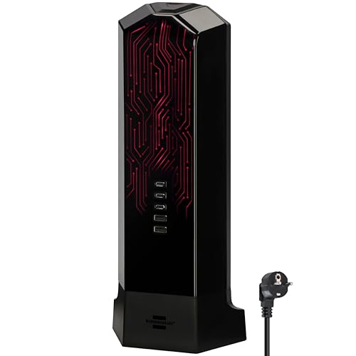 Brennenstuhl Gaming Steckdosenturm 9-Fach mit USB und RGB Lichtsteuerung (Mehrfachsteckdose im Turmdesign mit &Uuml;berspannungsschutz, 2m Kabel, 3X USB C mit max. 45W PD, 2X USB A und Schalter)