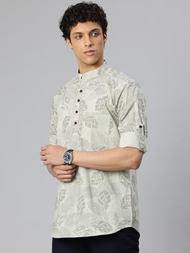 Image of Majestic Man Men's Pure Cotton Printed Mandarin Collar Regular Fit Roll-Up Sleeves Short Kurta