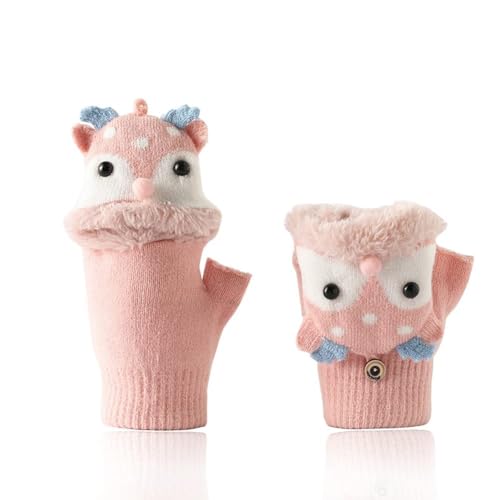 Cartoon Convertible Flip Top Gloves Kids Winter Warm Knitted Fingerless Gloves Cute Reindeer Plush Mitten for Girls Boys 1-6Y