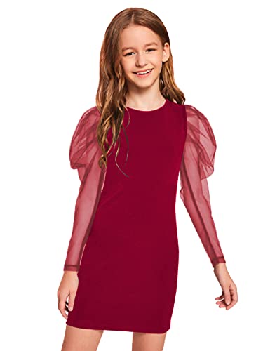 WDIRARA Girl's Sheer Mesh Puff Long Sleeve Round Neck Bodycon Mini Dress