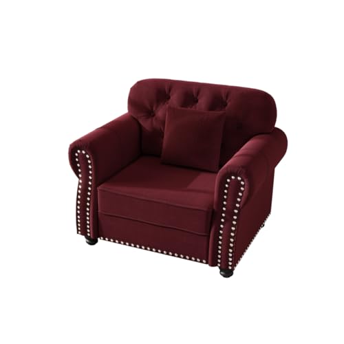 DRIXNO Burgundy Velvet Sofa Mid-Century Modern Design, 41.3" Button Tufted Upholstered Couch with Nailhead Trim, Rolled Arms & Pillow for Small Space
