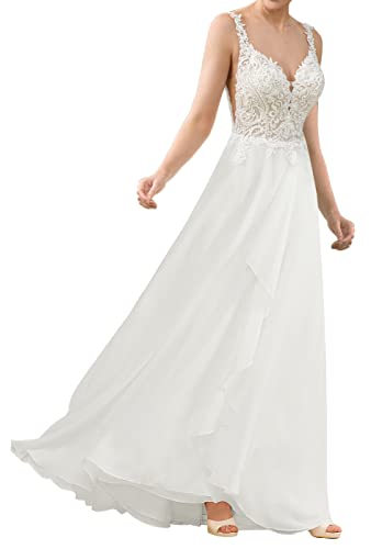 WZEFEIO Standesamtliche Chiffon Hochzeitskleid Strand Brautmode Spitzen V-Ausschnitt Brautkleider, Weiß, 36