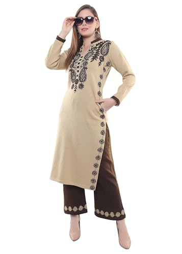 Image of Rosary Women's Woolen Winter Embroidered Kurta with Palazzo | Warm Ethnic Suit Set - 2 Piece Outfit