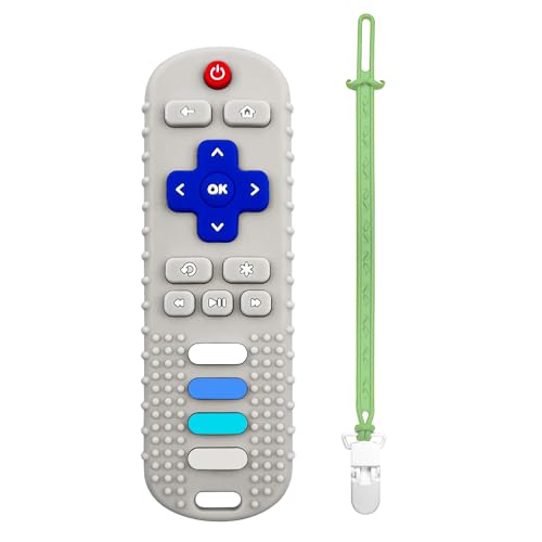 Image of ROBBEAR Baby Teething Toys, Food Grade Silicone Remote Control Teether for Babies 3 6 12 18 Months, TV Remote Control Shape Toy with Silicone Pacifier Clip, Infant Toddler Chew Toys for Boys and Girls