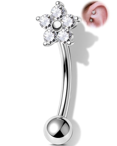 OUFER 16G 6mm Flower Rook Piercing Schmuck 316L Chirurgenstahl Gebogener AugenbrauenstabFunkelnder Helix-Daith-Labret-Ring aus Silber mit Zirkonia für Damen