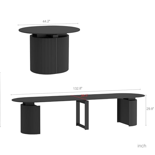 Image of 44 in-132 in Extendable Round Dining Table for 4-12, Long Large Expandable Kitchen Table with Fluted Base, Space Saving Modern Farmhouse Oval Dinner Tables for Dining Room, Kitchen, Living Room, Black