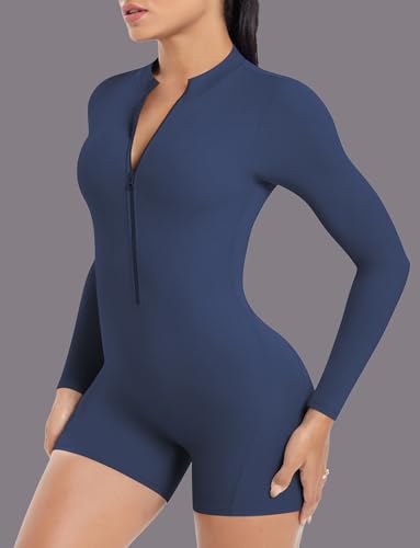 FEOYA Women's Long Sleeved Yoga Backless Zipper Bodysuit Quick Drying One Piece Workout Jumpsuit with Removable Pads3