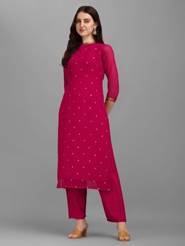Image of Saanjh Women's Faux Georgette Embellished Printed Straight Kurta with Bottom||Kurta Set