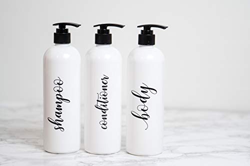 Heartland Lettering Shampoo Dispenser Body Wash Bottle Empty, Empty Shampoo Bottles with Pump, Shampoo Conditioner Body Wash Dispenser, Reusable Shampoo Bottles 16 oz, Set of 3 White Labeled Bottles