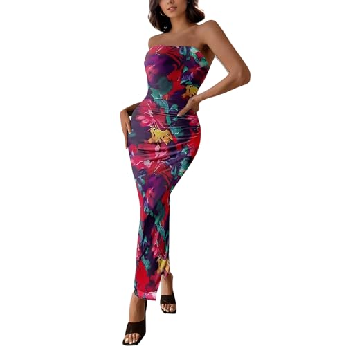 Image of Women's Tube Top Maxi Dresses Printed Tie Dye Strapless Bodycon Long Dress Split Side Sleeveless Party Elegant Outfits