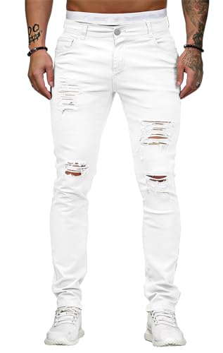 Image of HUNGSON Men's Blue Slim Fit Jeans Stretch Destroyed Ripped Skinny Jeans Side Striped Denim Pants